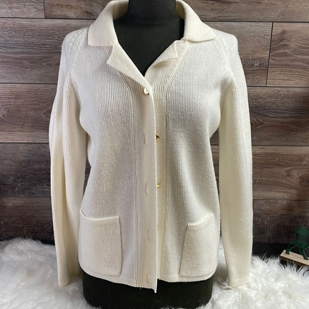 Ladies White Button Up Sweater, Size Small